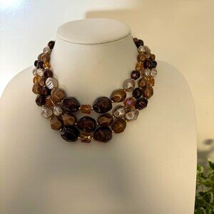 Vintage Multi-Strand Brown Beaded Necklace Gold Accents Statement Jewelry Japan